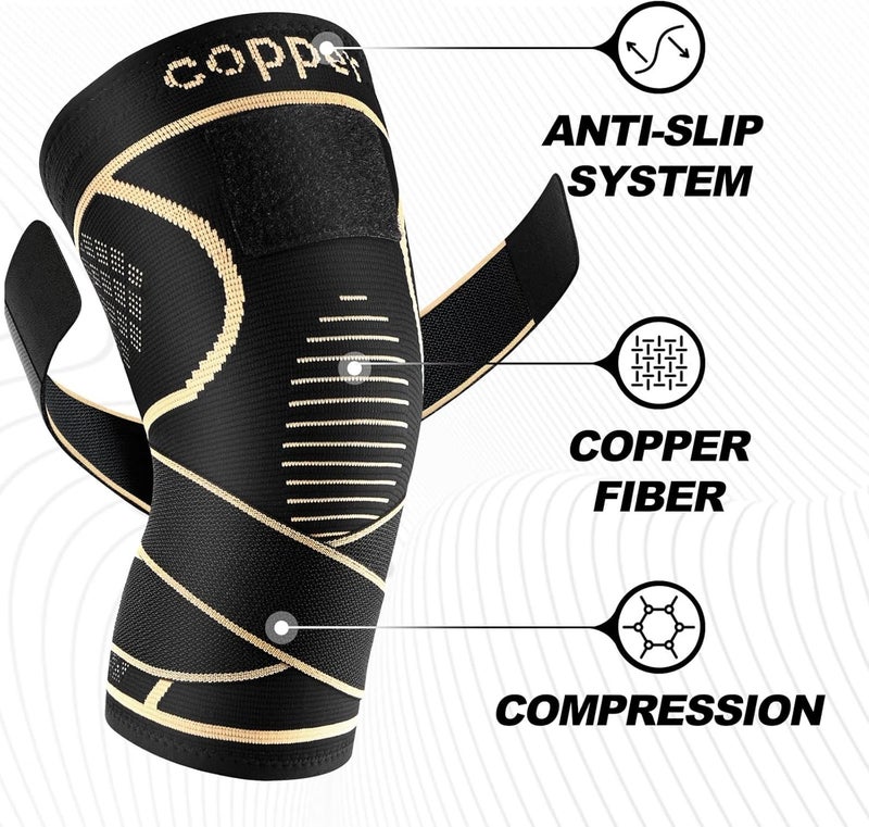 JHVW Copper Knee Brace for Women Men 2-Pack, Knee Compression Sleeve with Straps, Knee Braces for Knee Pain, Knee Support for Running Working - Image 3